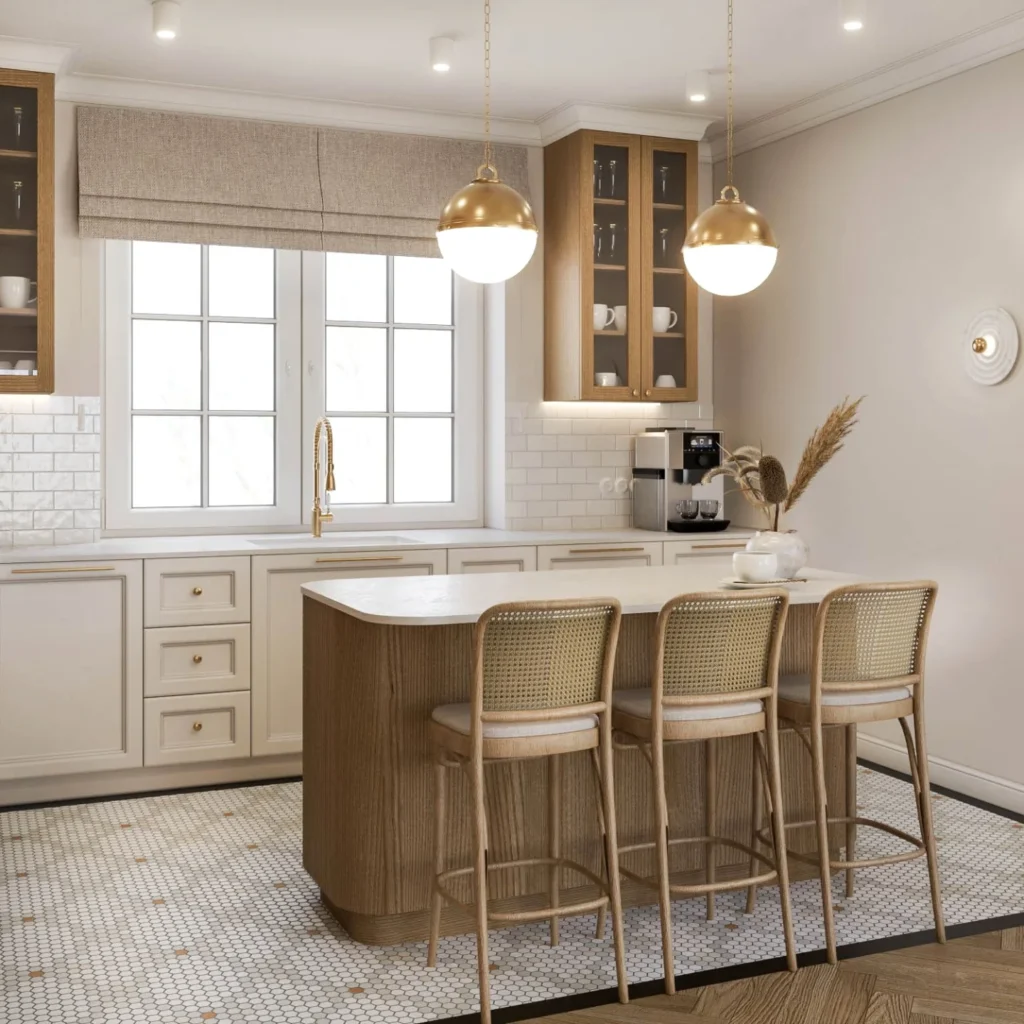 Küche mit DUNIN Mini Hexagon Floret Matt Mosaikboden, Holzelementen und Goldakzenten